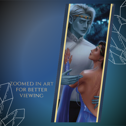 Zoomed in view of back of bookmark; artist illustration of Teo and Estela embracing.