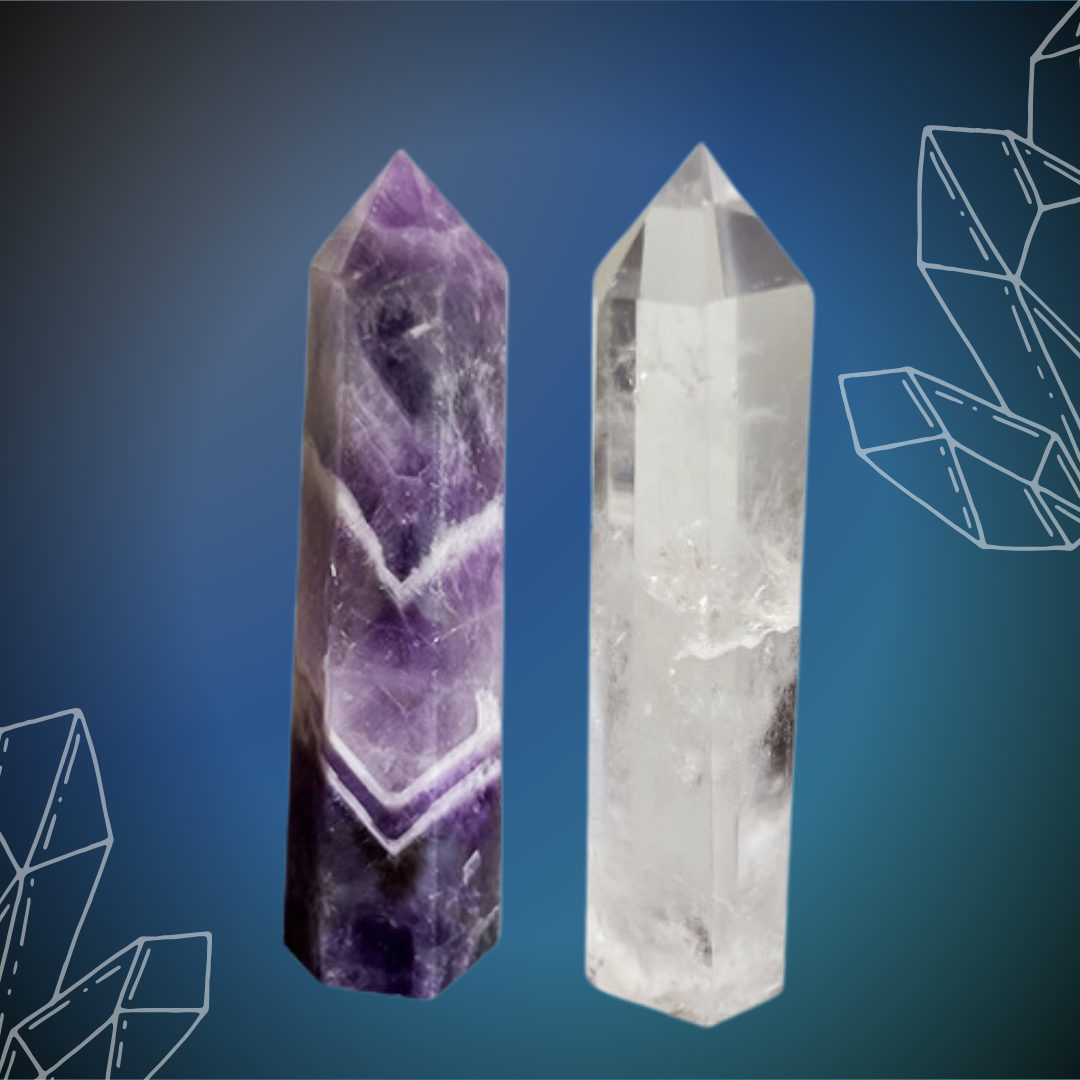 Two crystals in tower/point cut; one white, one purple.