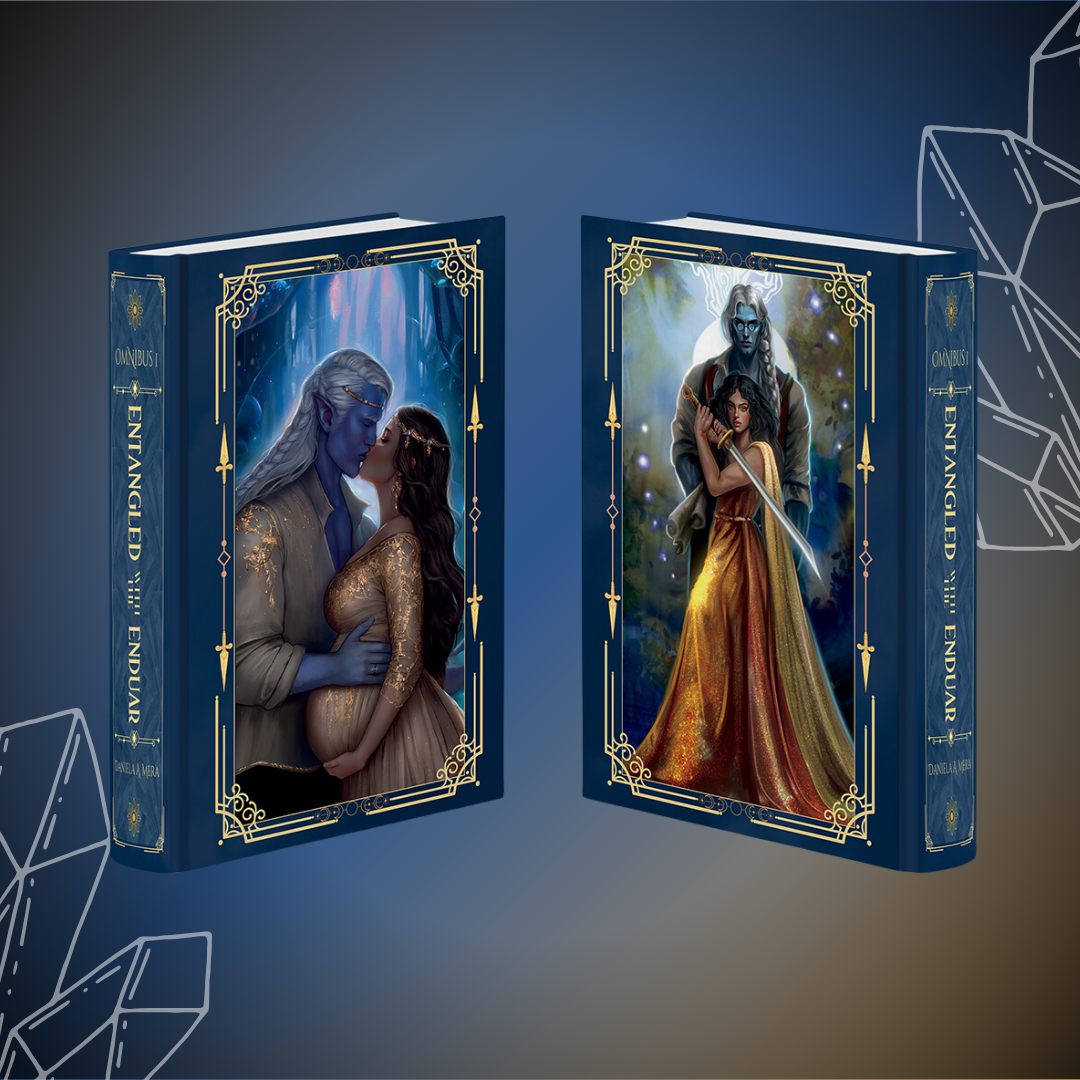 Front and back cover of "Entangled with the Enduar Duet Omnibus" by Daniela A. Mera; artist depictions of main characters Teo and Estela.