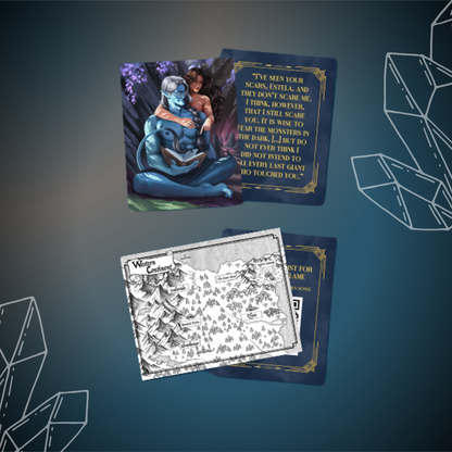 Two artist illustrated cards; back is quote from book. One card shows character image on front; the other shows book world map.