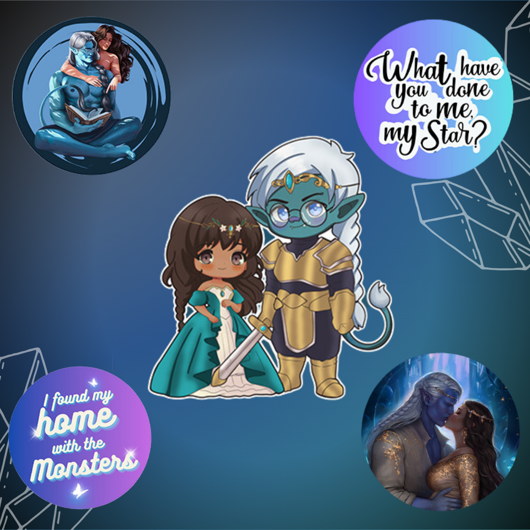 Two circular quote stickers; two circular artist-illustrated character stickers; and one chibi sticker of Estela and Teo.