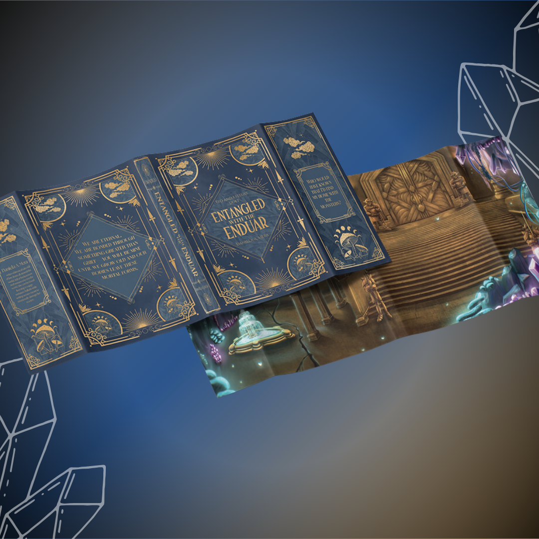 Front and inside of "Entangled with the Enduar Duet Omnibus" dust jacket; front is stylized golden design on various shades of blue; inside is foyer and stairs of castle.