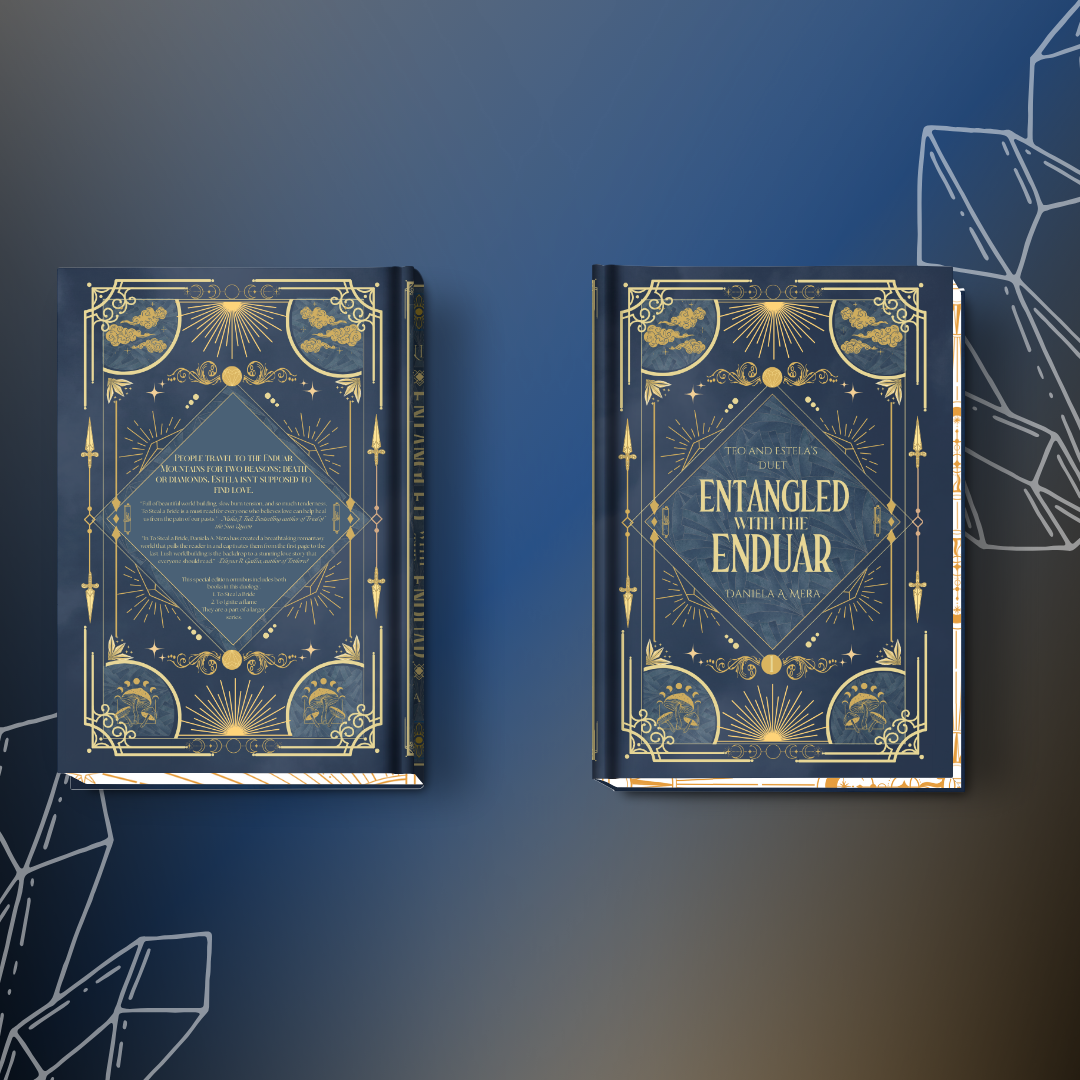 Front and back cover of "Teo and Estela's Duet: Entangled with the Enduar" by Daniela A. Mera, depicts stylized motifs of clouds and mushrooms in gold on a background of various blue shades.