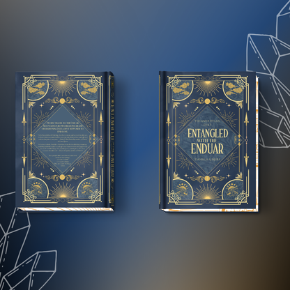 Front and back cover of "Teo and Estela's Duet: Entangled with the Enduar" by Daniela A. Mera, depicts stylized motifs of clouds and mushrooms in gold on a background of various blue shades.