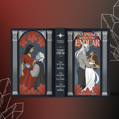 Artist illustrated covers of Teo and Estela for the "Entangled with the Enduar Trilogy Omnibus"; also depicts spine with the three books included in the omnibus: To Steal a Bride, To Ignite a Flame, To Defend a Bride.