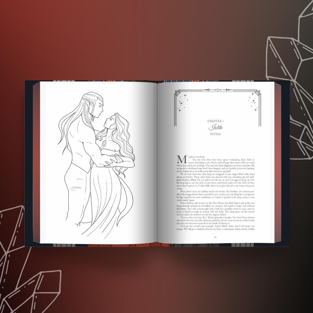 Interior spread of the "Entangled with the Enduar Trilogy Omnibus", depicts black line drawing of main characters in an embrace and Chapter One.