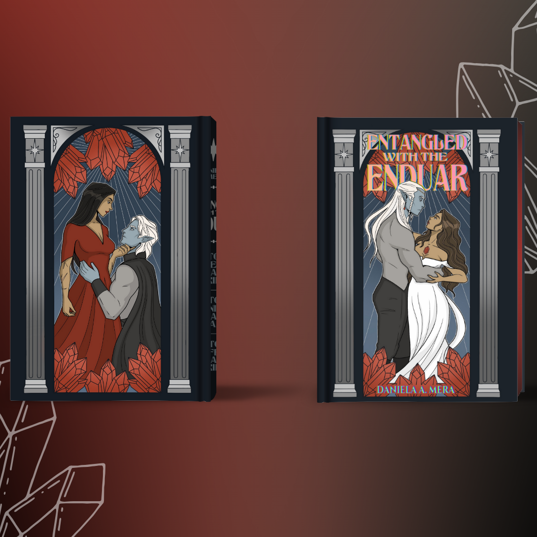 Artist illustrated front, back, and spine covers of Teo and Estela for the "Entangled with the Enduar Trilogy Omnibus"; includes "To Steal a Bride", "To Ignite a Flame", and "To Defend a Bride".