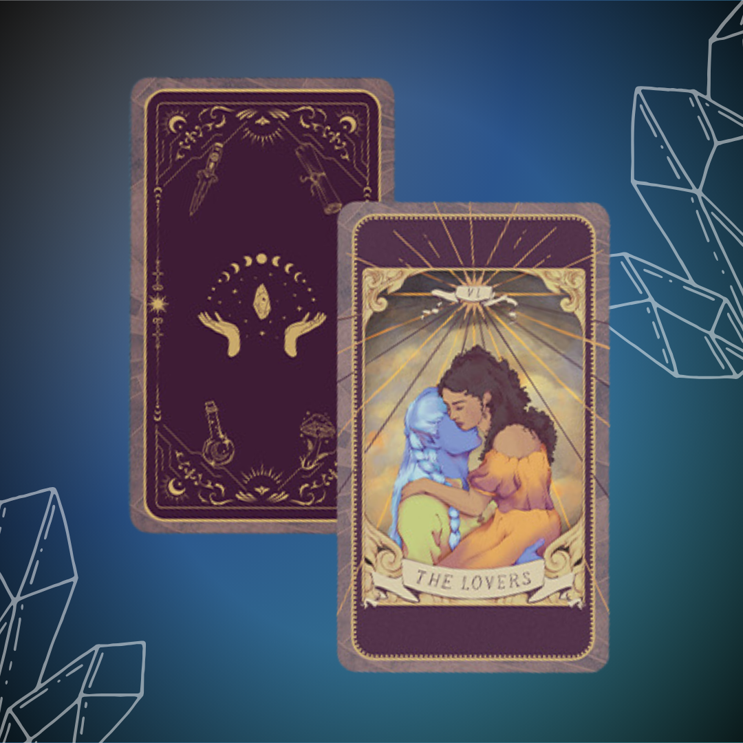 Front and back depiction of collectible tarot card; back is solid burgundy color with golden mystical design; front shows "The Lovers" tarot design, features the main characters Teo and Estela.