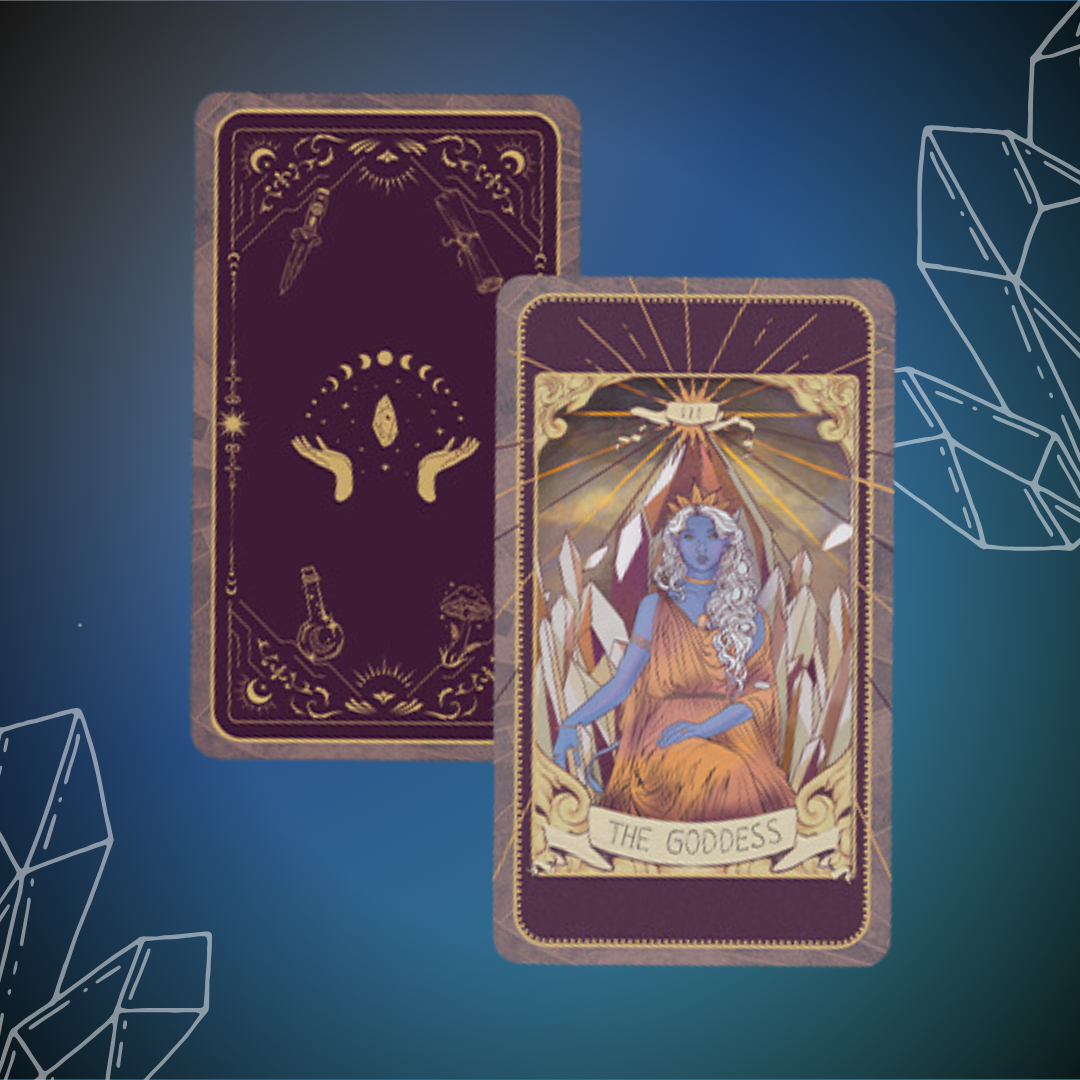 Front and back depiction of collectible tarot card; back is solid burgundy color with golden mystical design; front shows "The Goddess" tarot design.