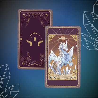 Front and back depiction of collectible tarot card; back is solid burgundy color with golden mystical design; front shows "Drathorinna" tarot design, features a rearing dragon.