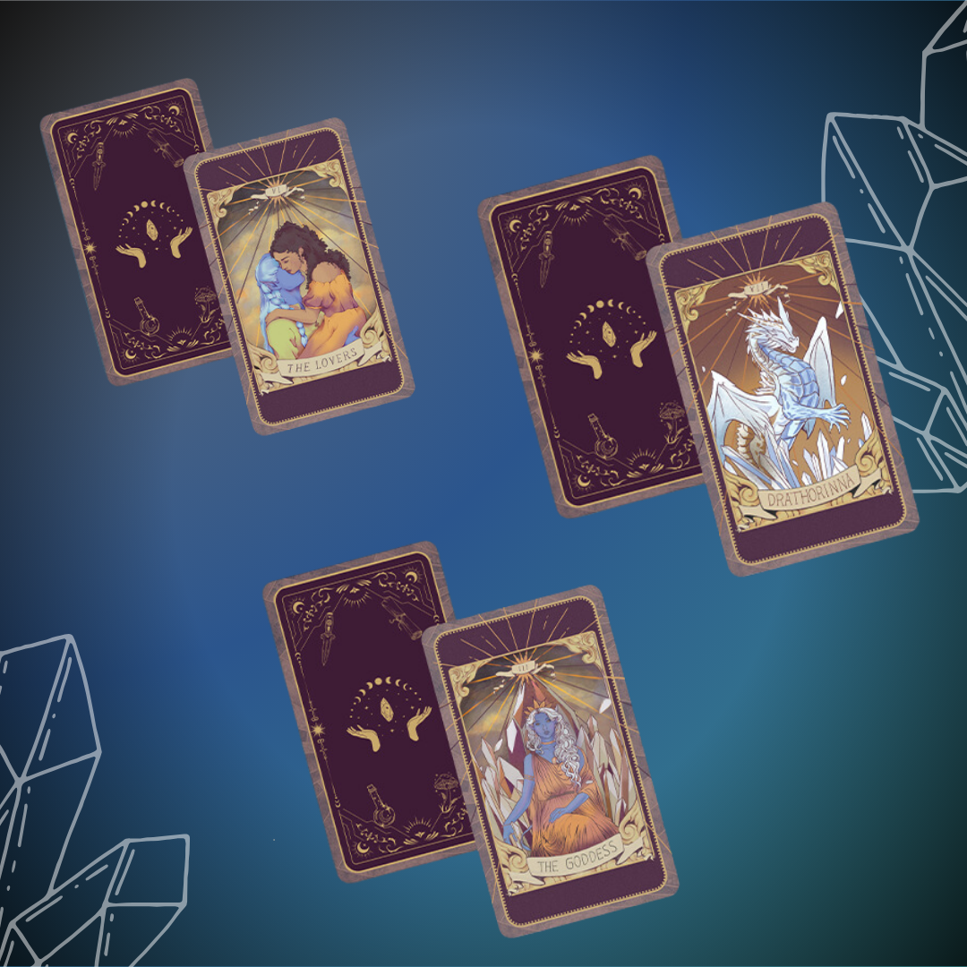 Set of three tarot cards, showing front and back designs. Back is solid burgundy color with golden mystical design; front shows various character-inspired tarot images.