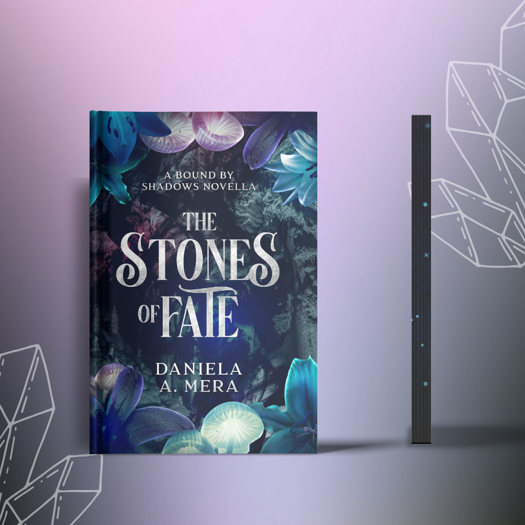 Front cover of "The Stones of Fate" by Daniela A. Mera, depicts colorful flowers and fungi, as well as black sprayed edges with tiny mult-colored starbursts.