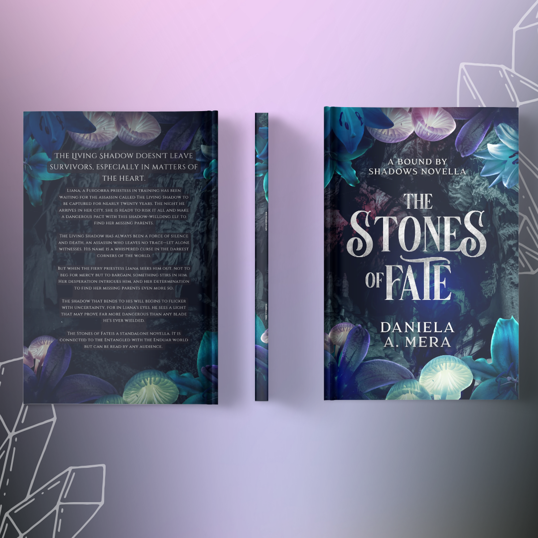 Front cover of "The Stones of Fate" by Daniela A. Mera, depicts colorful flowers and fungi. Also included in image are back cover and spine.