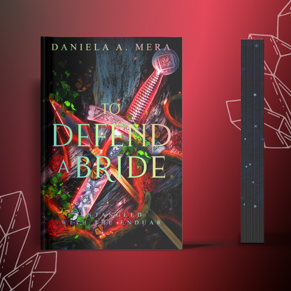 Front cover of "To Defend a Bride" by Daniela A. Mera, depicts red tinted sword hilt crossed with spear, and both leaning against foot of a tree; also depicts black sprayed edges with tiny mult-colored starbursts.