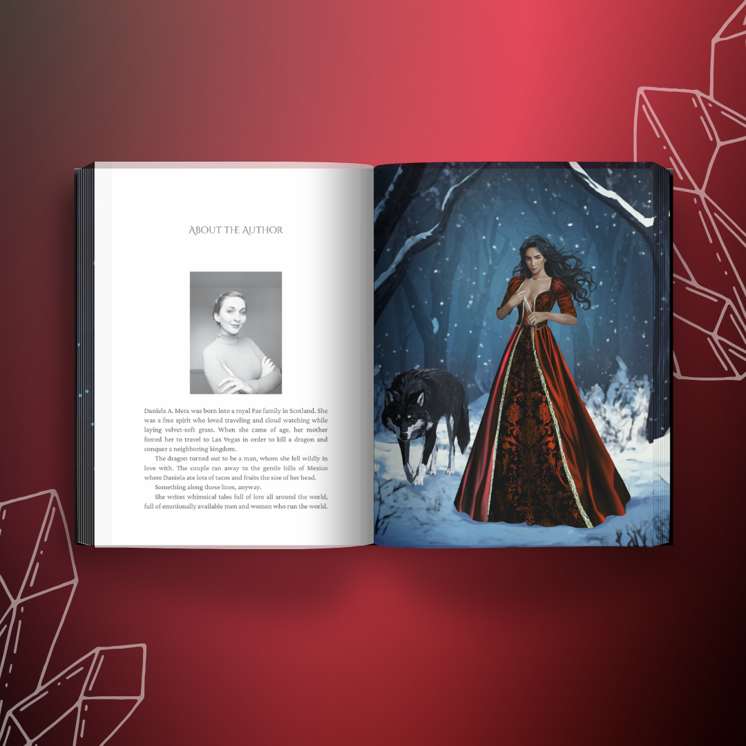 Endpages of "To Defend a Bride" by Daniela A. Mera, depicts main female character in a snowy wood with black wolf, as well as "About the Author" page.