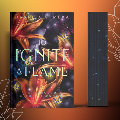 Front cover of "To Ignite a Flame" by Daniela A. Mera, depicts bright orange and purple flowers with small purple and yellow butterflies; also depicts black sprayed edges with tiny multi-color starbursts.