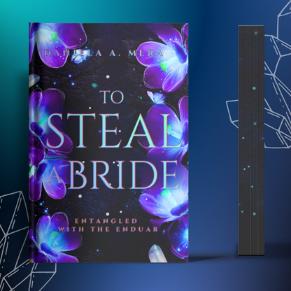 Front cover of "To Steal a Bride" by Daniela A. Mera, depicts vertical purple flower borders; also displayed is black sprayed edges with tiny multi-colored starbursts.