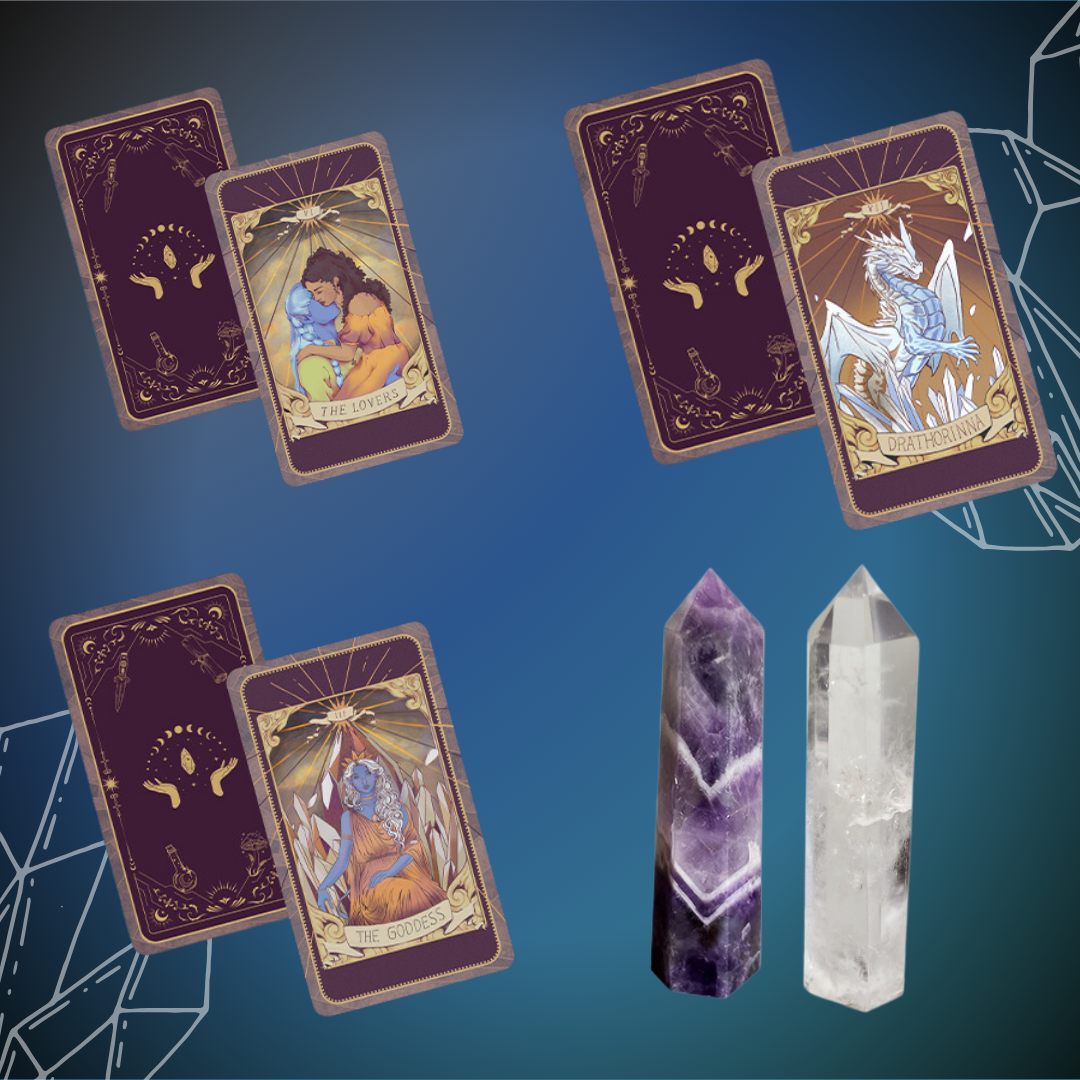 Set of three tarot cards, showing front and back designs. Back is solid burgundy color with golden mystical design; front shows various character-inspired tarot images; bundle also includes two tower/point cut white and purple crystals.